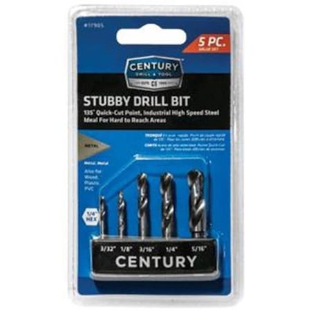 Century Drill & Tool CY17905 Stubby Hex Shank Drill - 5 Piece